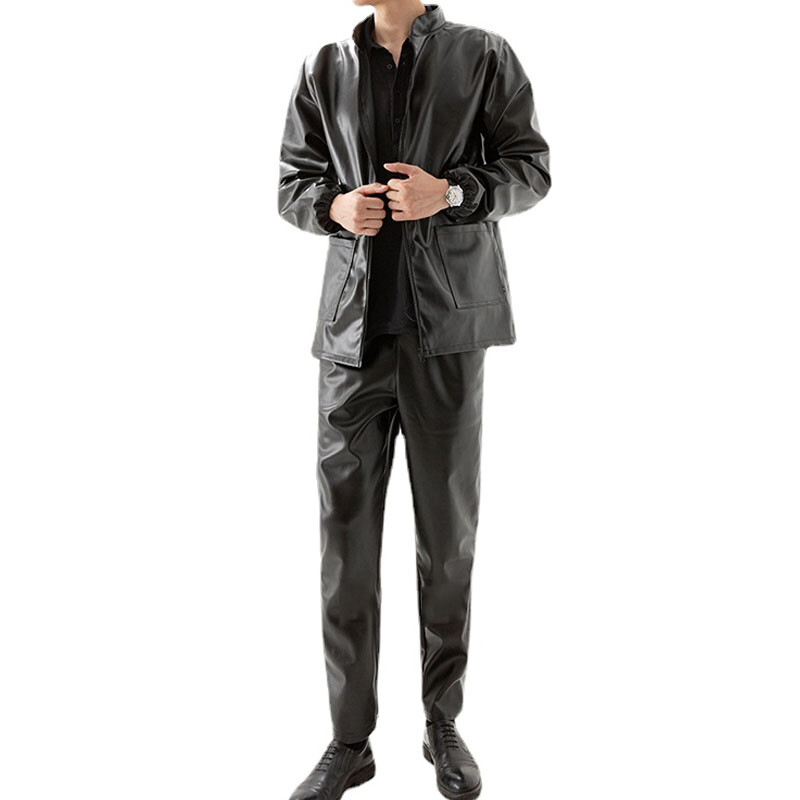 Mens Faux Leather Jacket Trousers Biker Stretch Waterproof Windproof Black