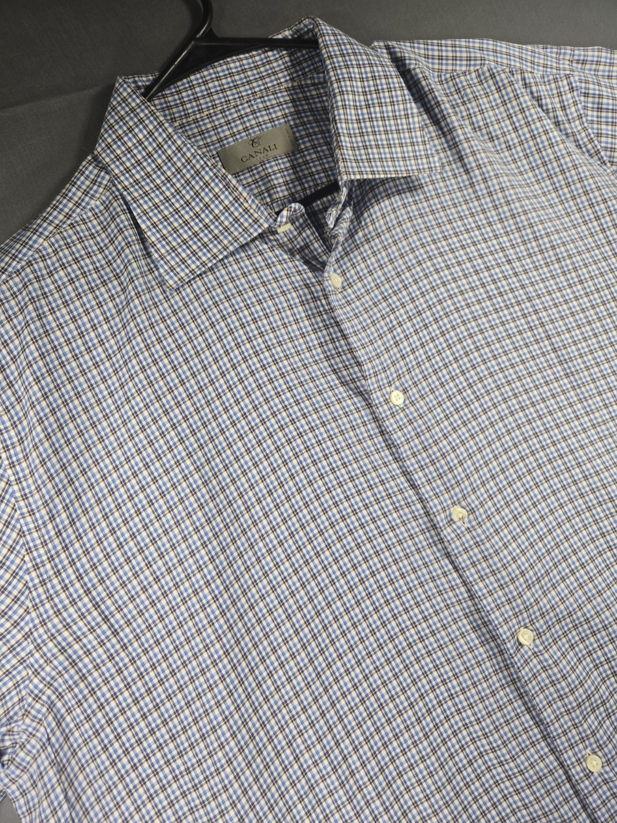 Canali Dress Shirt Mens 46 18 Blue Checkered Cotton Long Sleeve Made In Italy