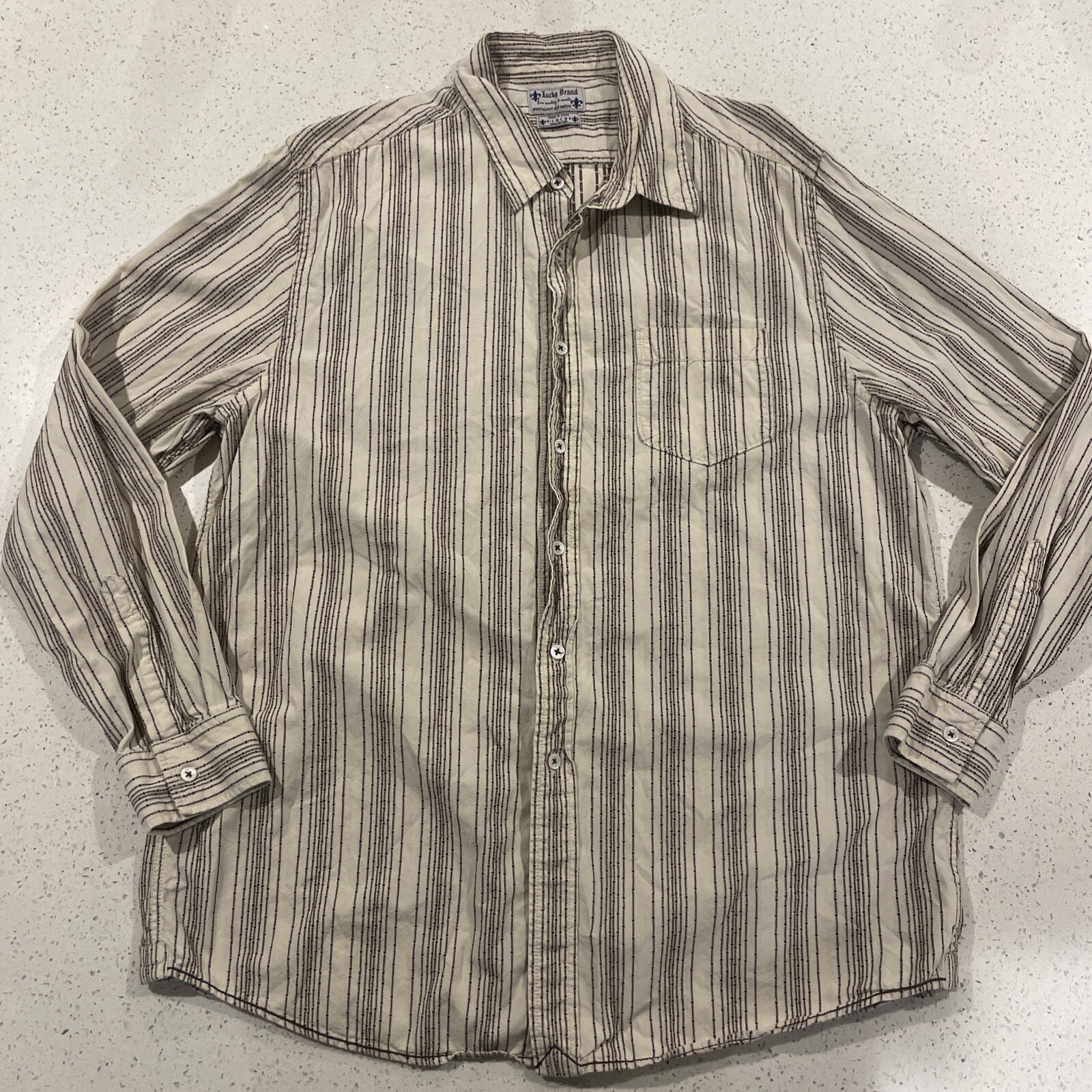 Lucky Brand Men’s Long Sleeve Button Front Striped Brown Creme Embroidered Xl