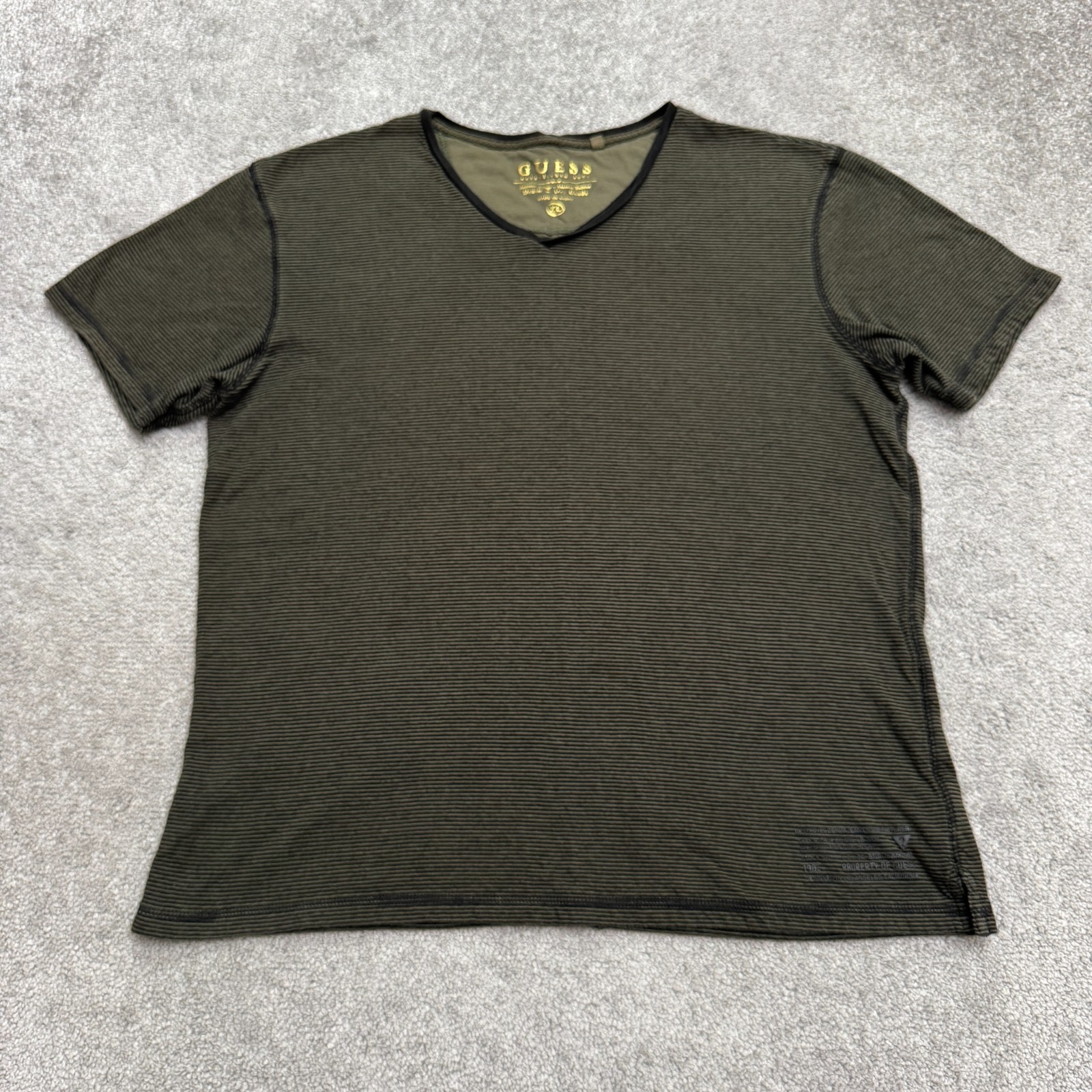Guess Jeans T-Shirt Men XL Green Striped V-Neck Distressed Raw Edge Graphic