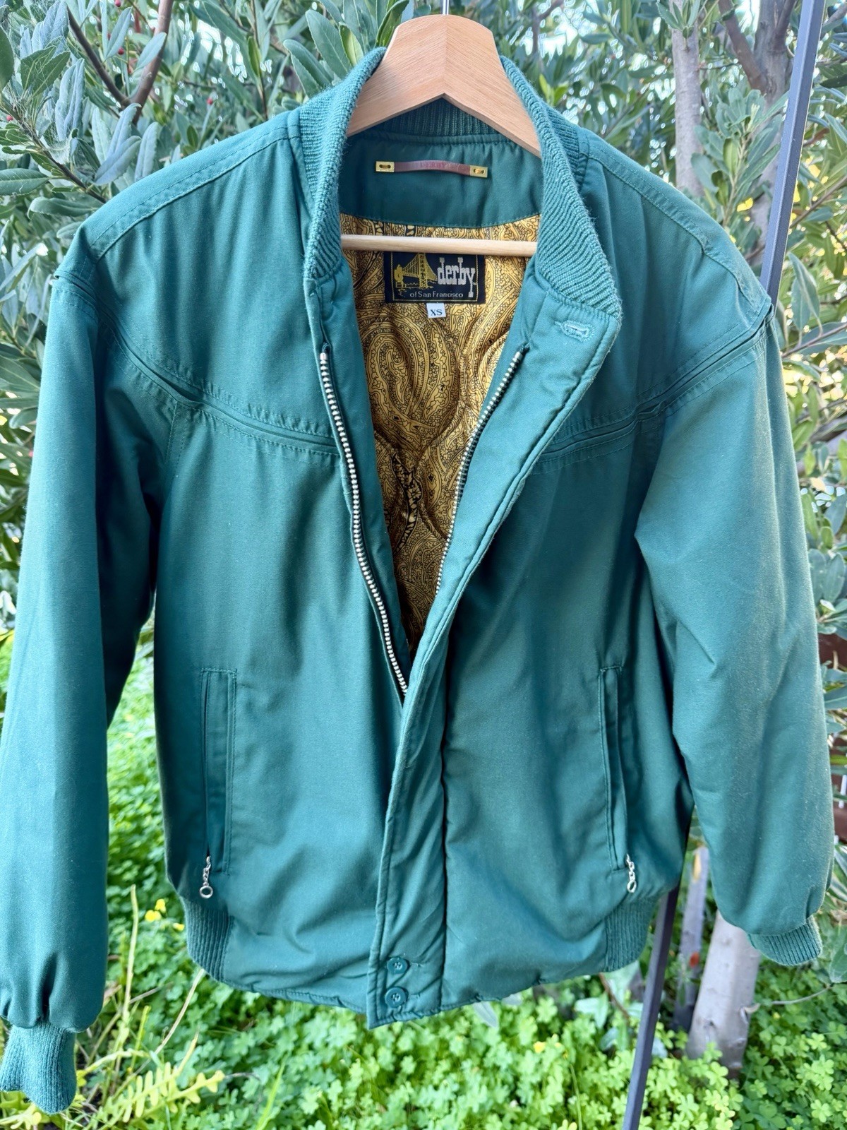 Derby Of San Francisco Mens XS Forest Green Bomber Jacket Gold Paisley Lining OG