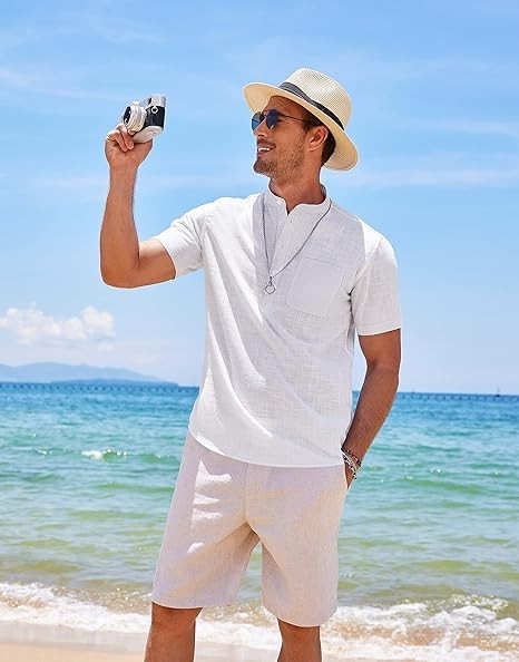COOFANDY Men’s Cotton Linen Henley Shirt Short Sleeve Hippie Casual Beach L