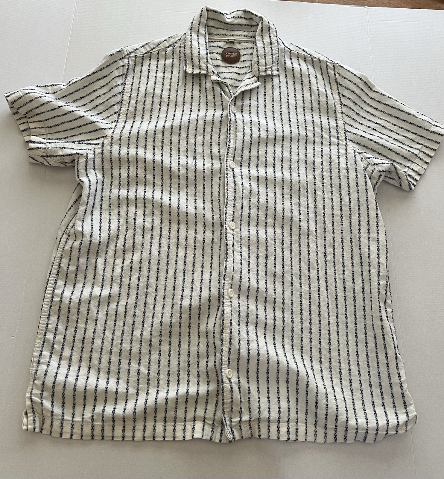 Common People Mens Button Down Shirt Size Large Blue White Striped Short Sleeve