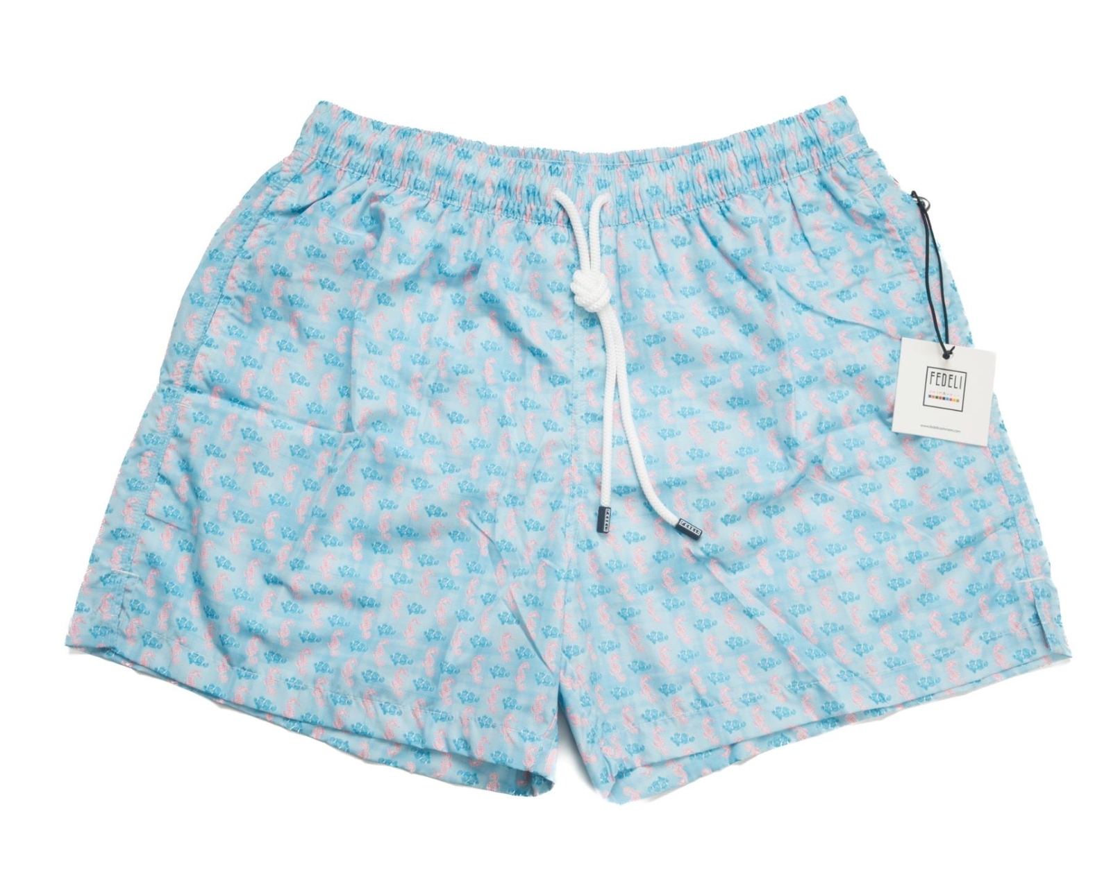 Fedeli $235 NWT Blue Pink Aquatic Print Slim Madeira Sustainable Swim Trunk M