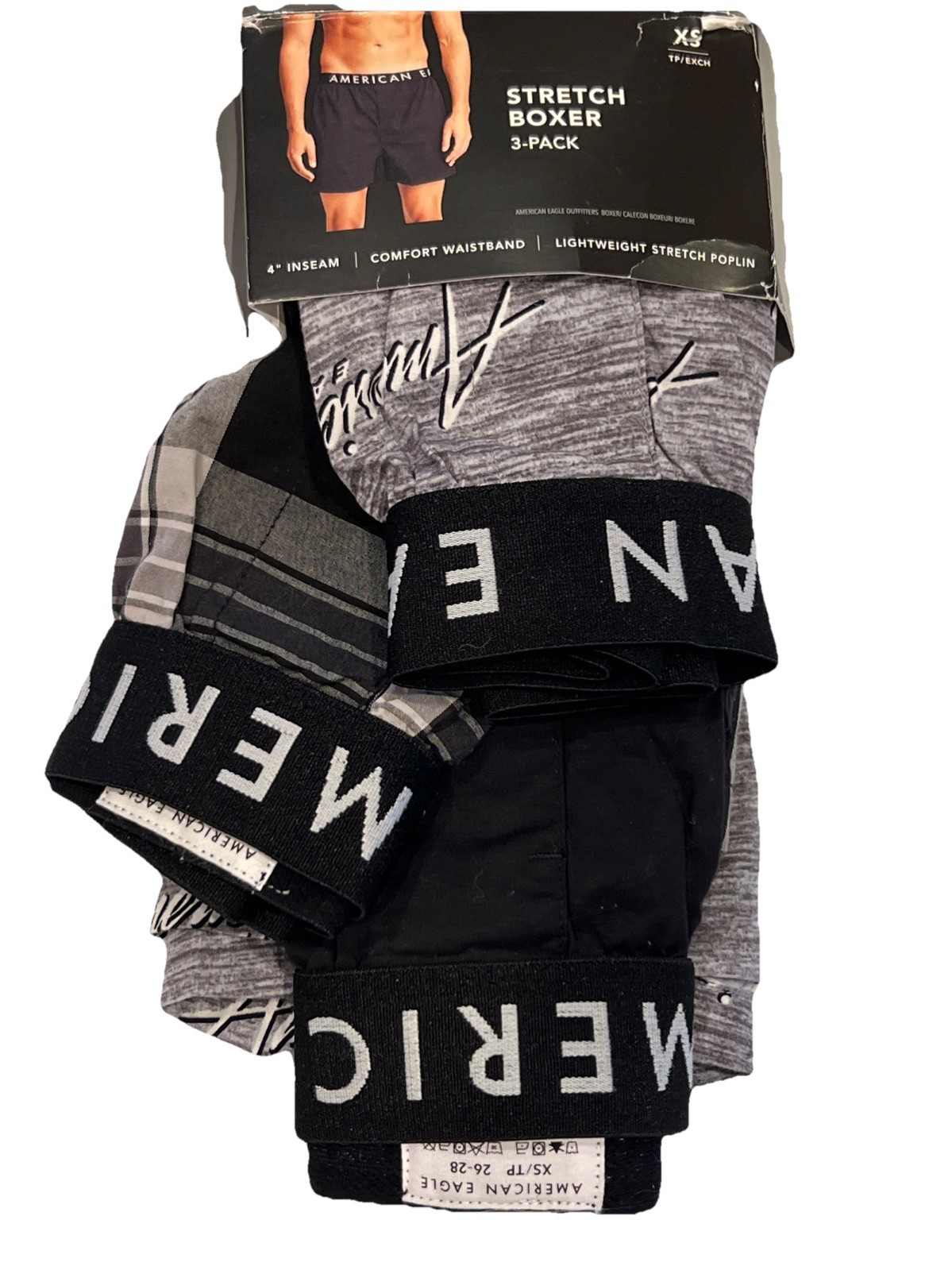 NWT AMERICAN EAGLE 3 Pack Stretch Boxer Sz XS-S-XL Black Gray Plaid #9