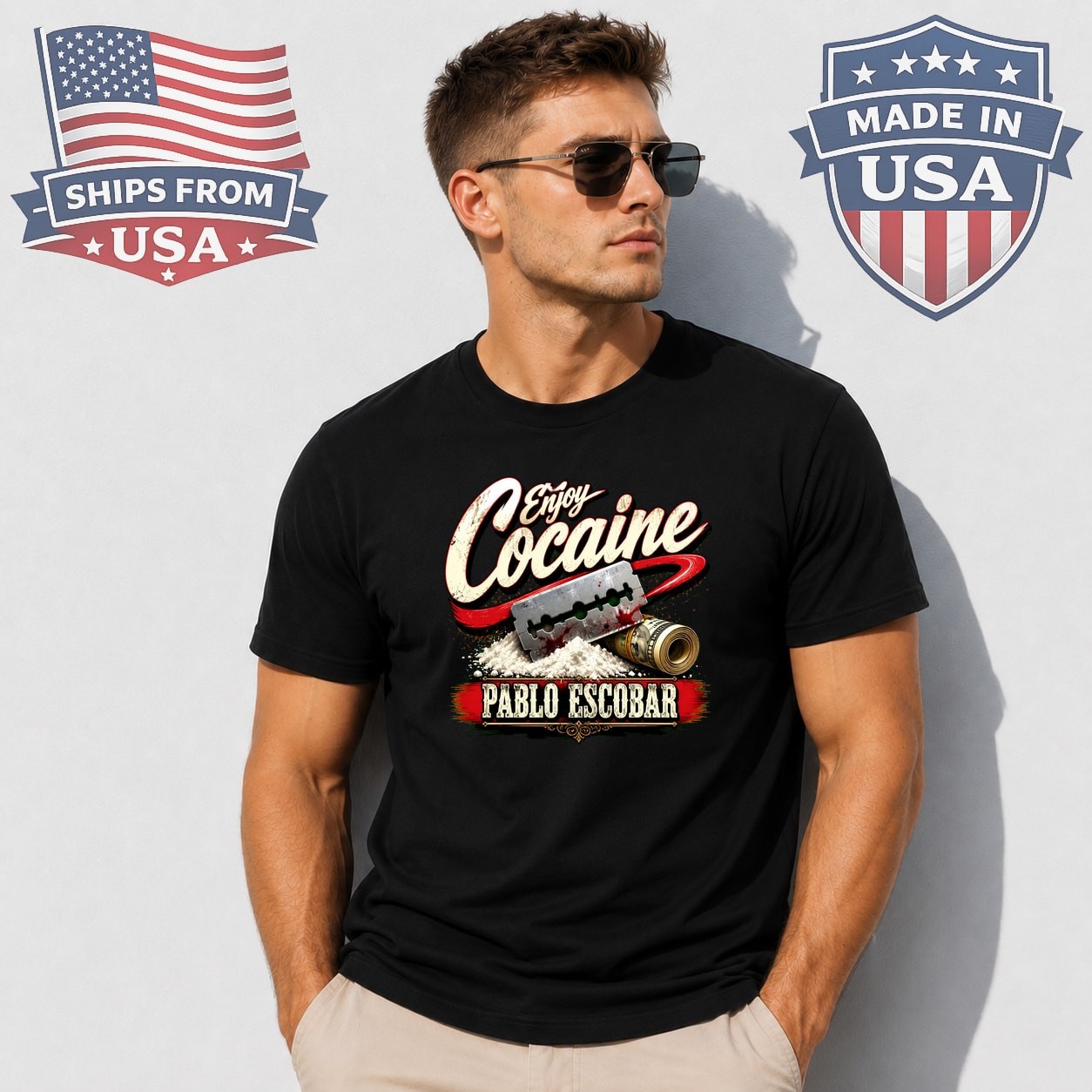 Enjoy Cocaine Pablo Escobar Graphic T-Shirt Parody Slogan