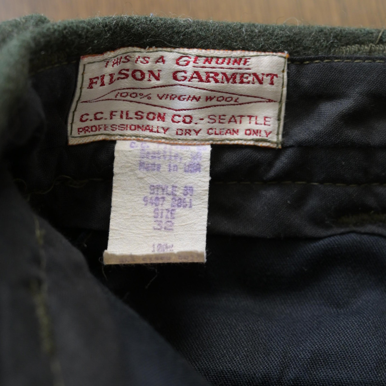 Filson Mackinaw Wool Type 89 Pants, Green, 32×28 (wears like 32×30)