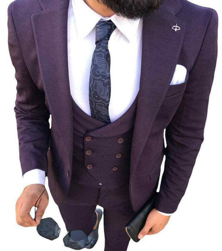 Designer business purple violet men’s suit sport coat vest pants fitted slim 50