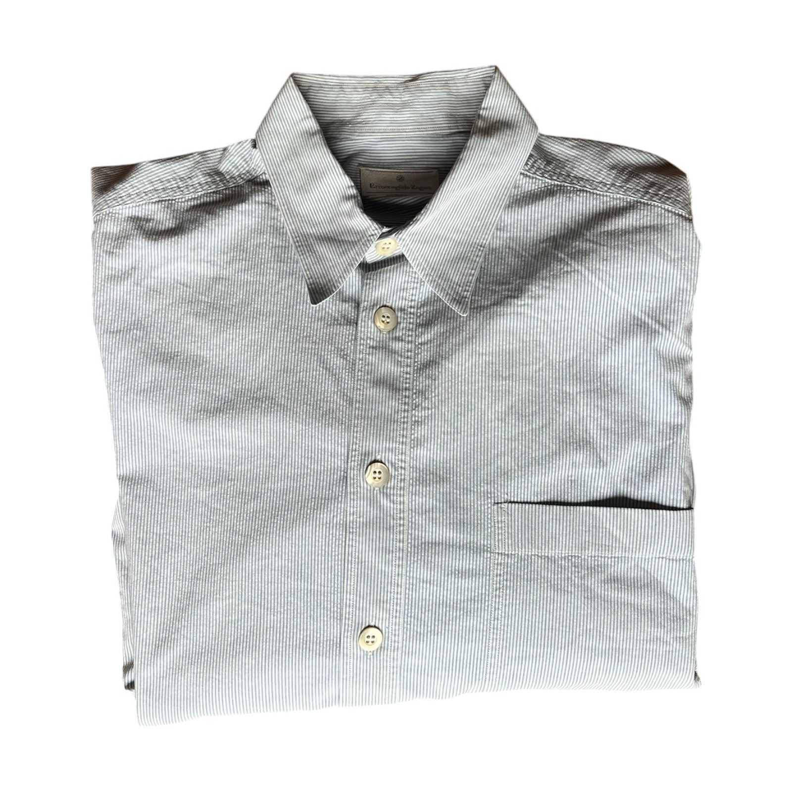 Ermenegildo Zegna Dress Shirt Mens Large White Blue Striped Button Up Pocket