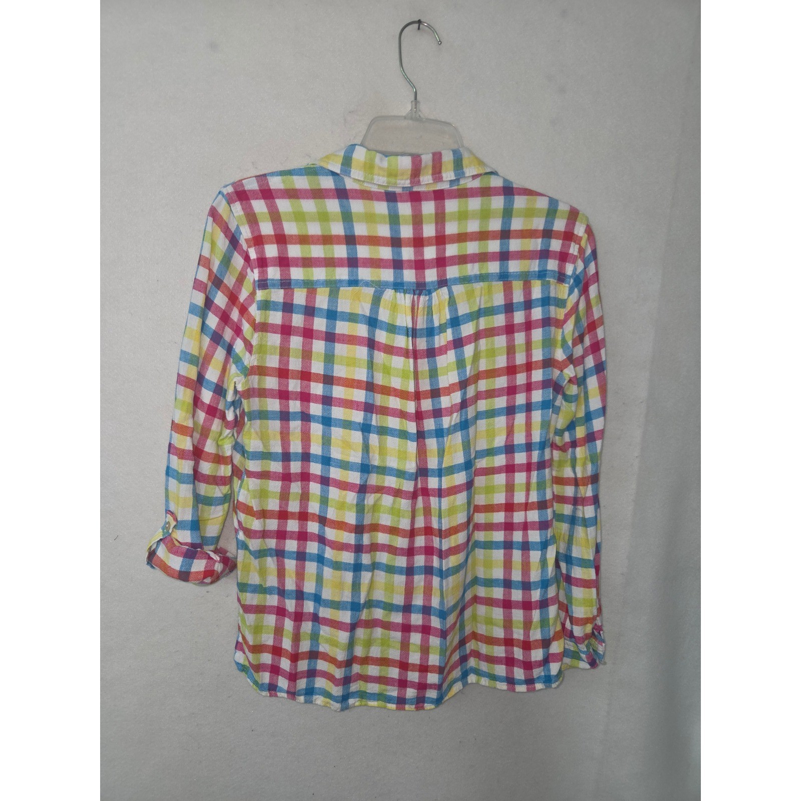 Multiples Plaid Button Up Shirt Mens XS Multicolor Rainbow Linen Blend Roll Tab