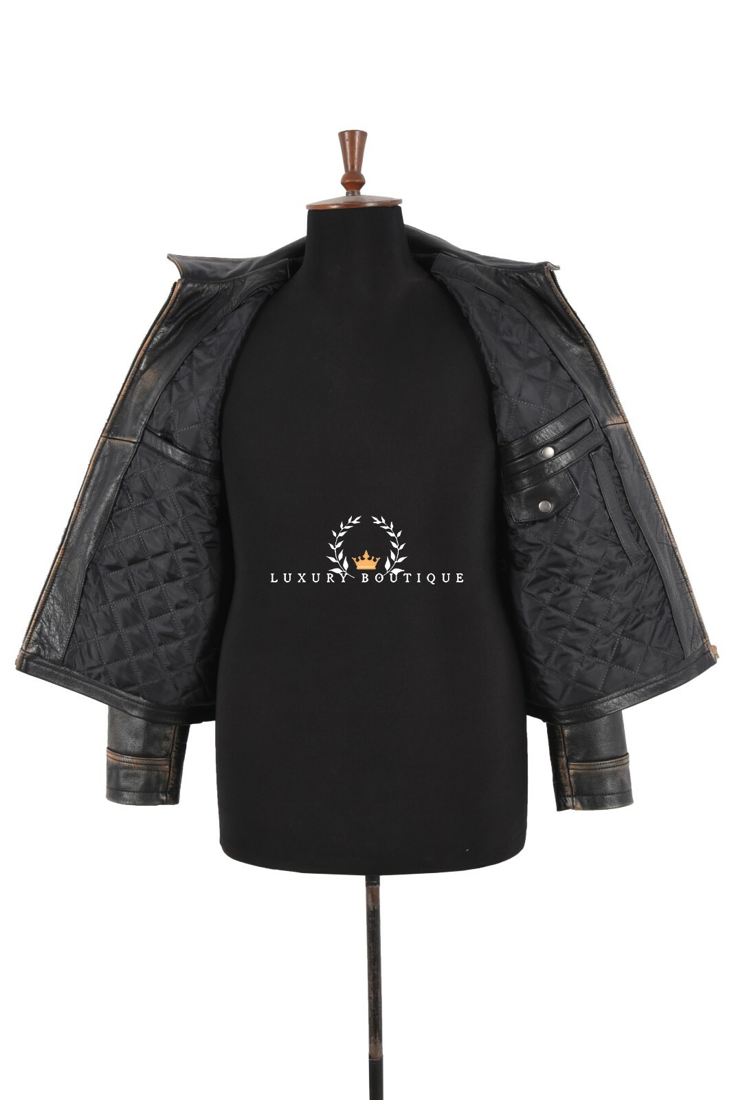 Men’s Zip Up Box Distress Leather Black Jacket Classic Casual Semi Fitted Coat