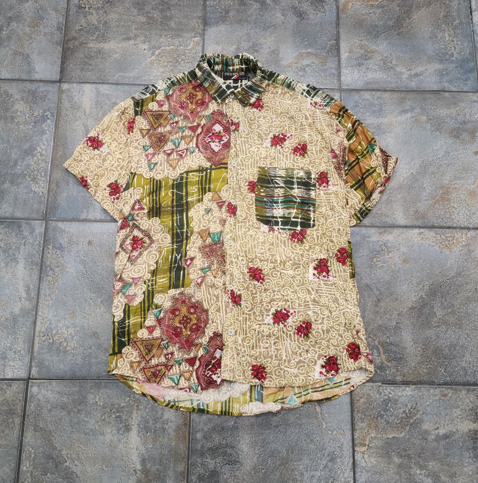 Vintage 90s Thums-Up Men’s Medium Abstract Art Geometric Boho Button Up Shirt