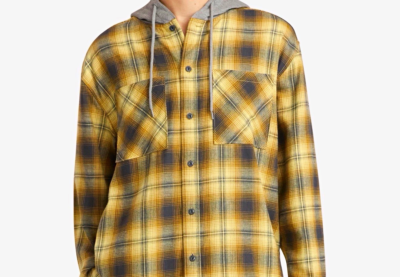 No Boundaries Men’s Plaid Hooded Button-Up Shirt Relaxed Pockets Brown L