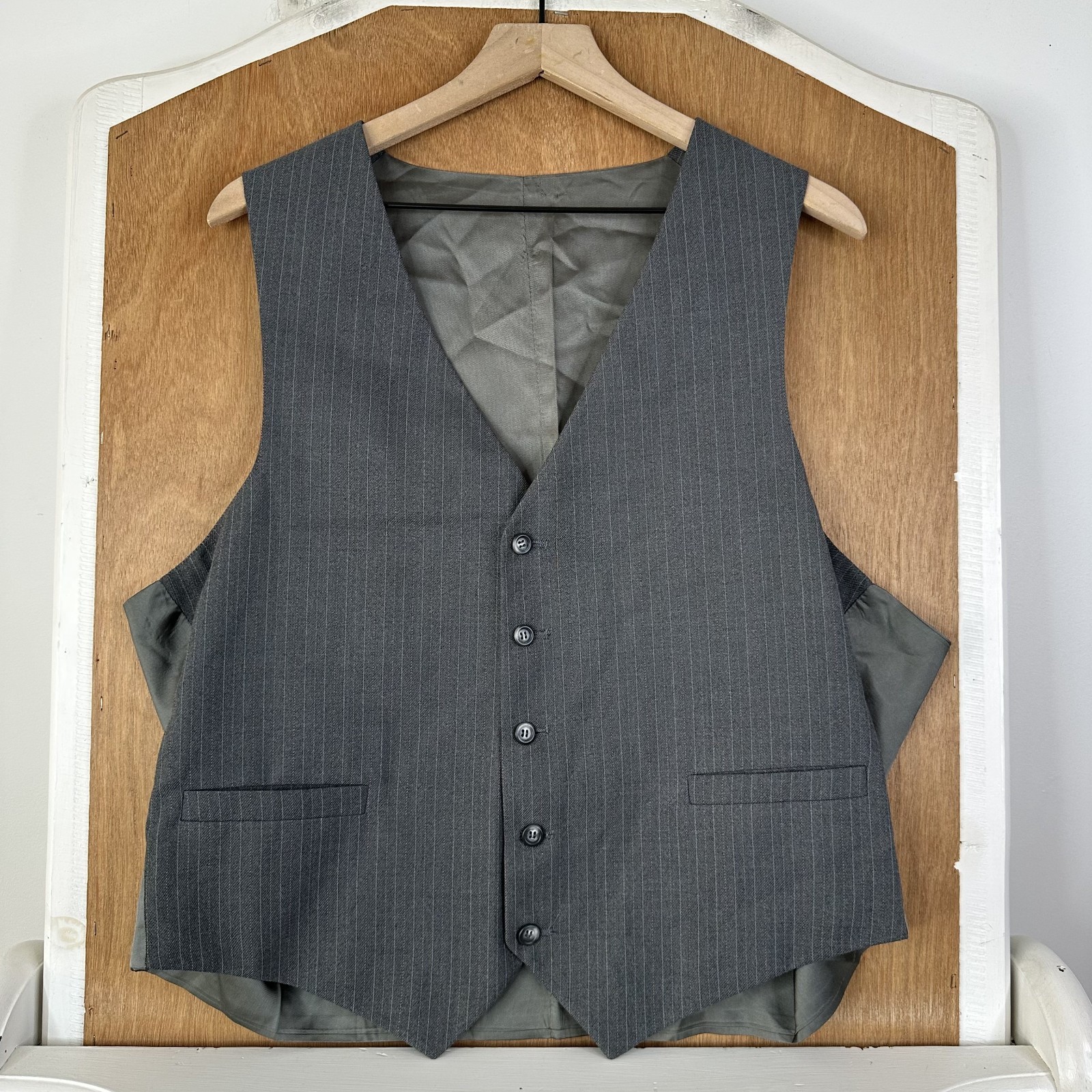 VTG 1960s Suit Mens 44L Gray Pinstripe 2 Button Wool Pants 42×31 Canvas 3 Piece
