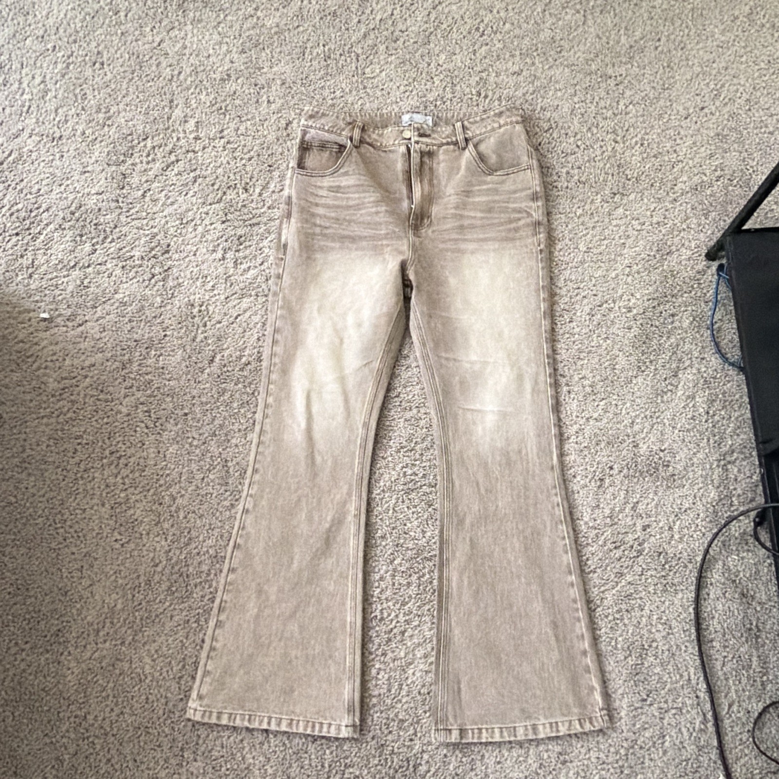 decmbr Men’s Flared Beige/Brown Denim Jeans 5-Pocket Button Zip Size 30