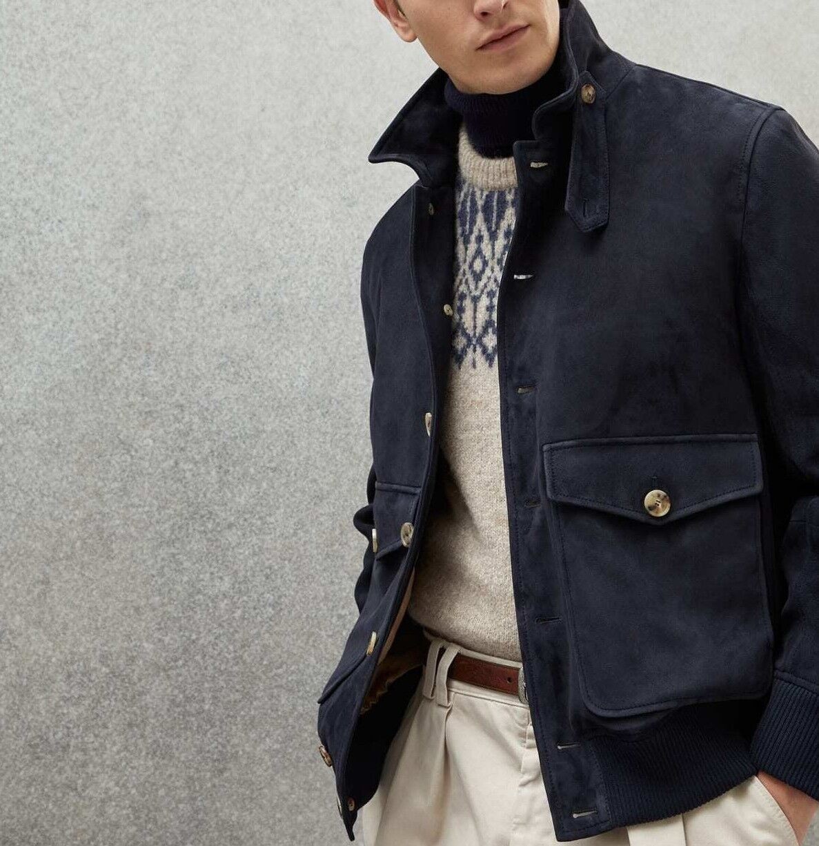 Men’s Navy Blue Genuine Suede Jacket 100% Pure Lambskin Moto Biker Coat Jacket