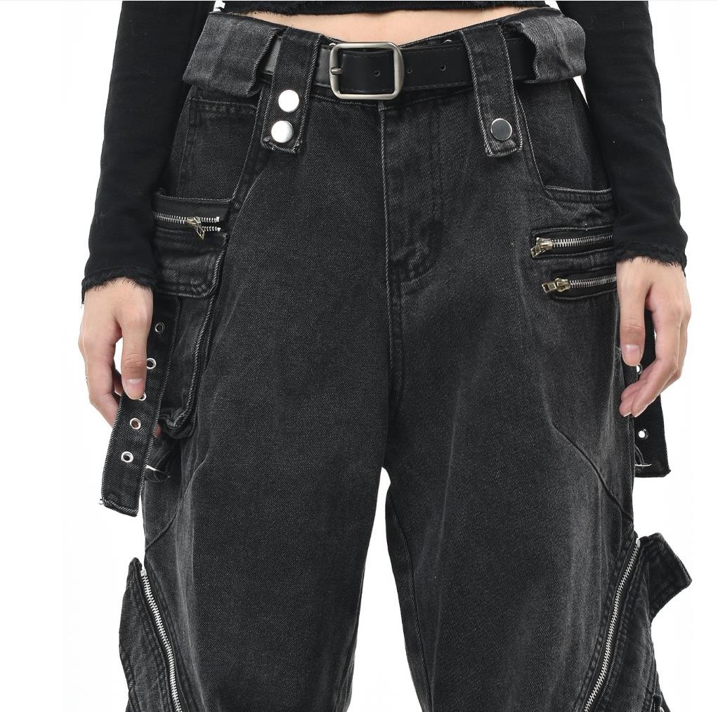 Men’s Black Denim Cotton Straight Jeans Punk Pants Strap Pockets Zipper Trousers