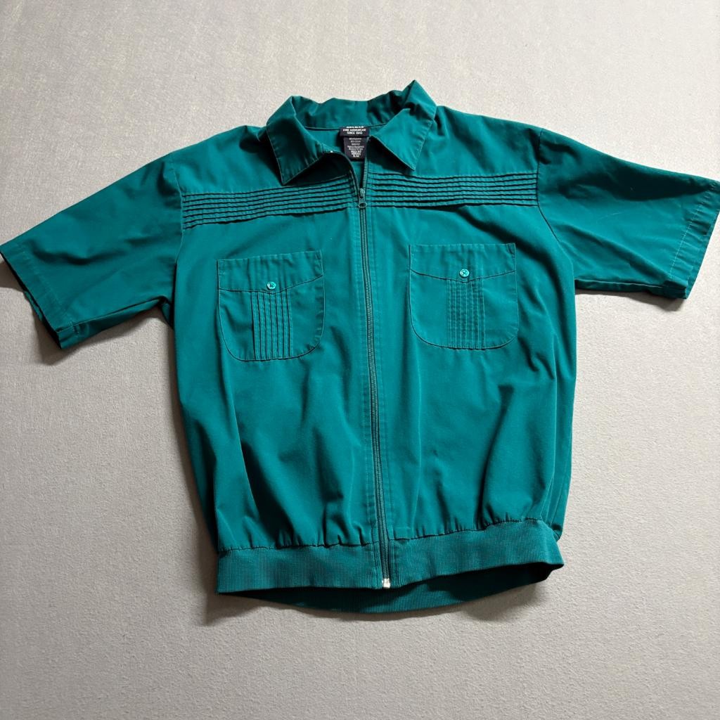 John Blair Mens Medium Green Short Sleeve Zip Up Guayabera Style Bomber Shirt