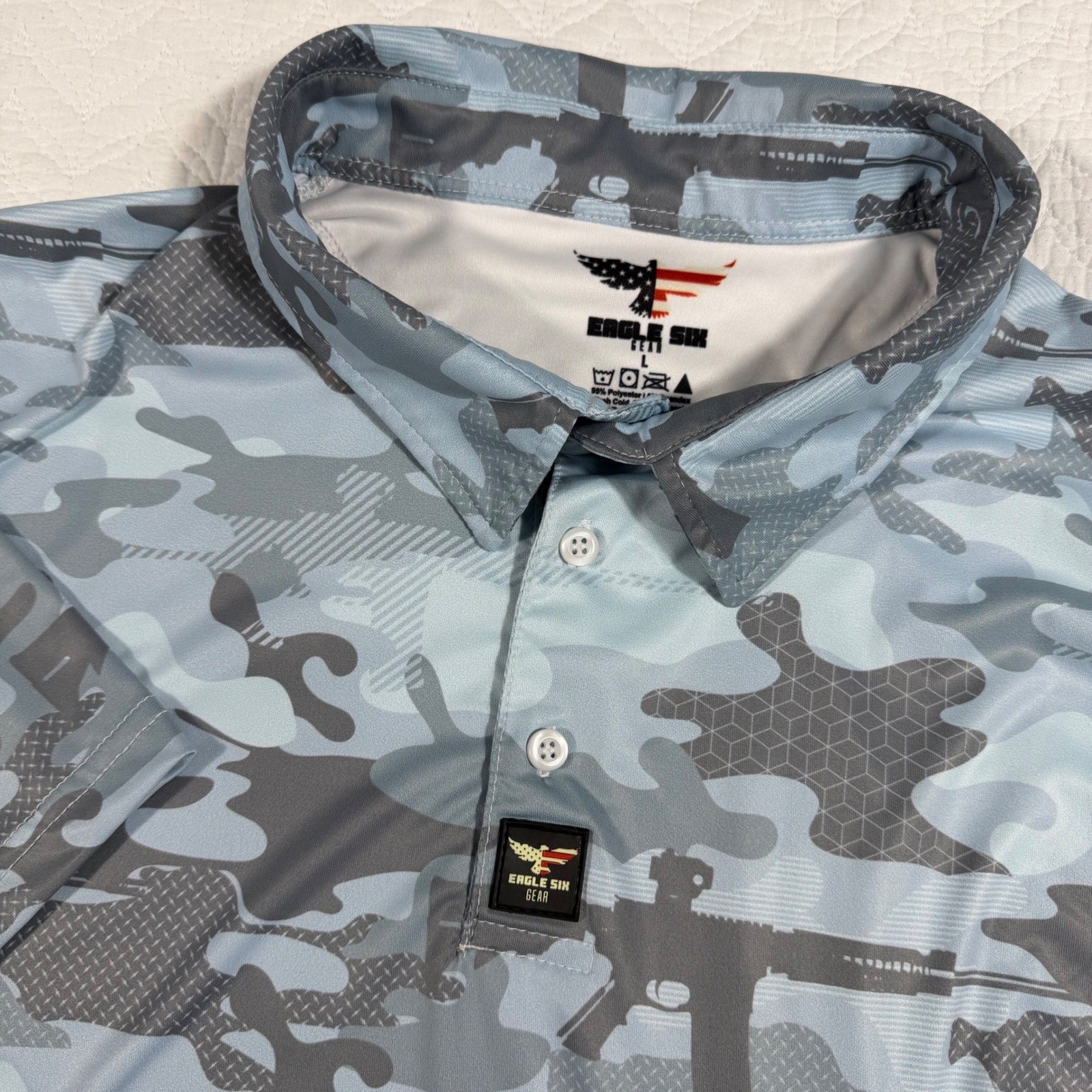 Eagle Six Gear Polo Shirt Mens Large Blue Camo Tactical Rifle Performance EUC