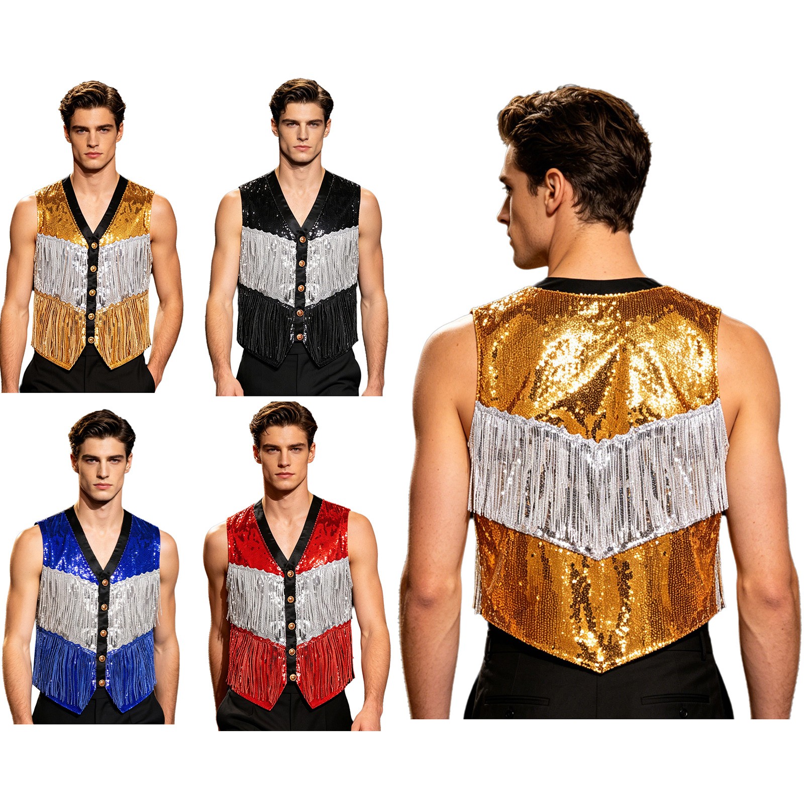 Mens Tank Ball Tops V Neck Vest Sequin Waistcoat Tassel Glitter Metallic Coat