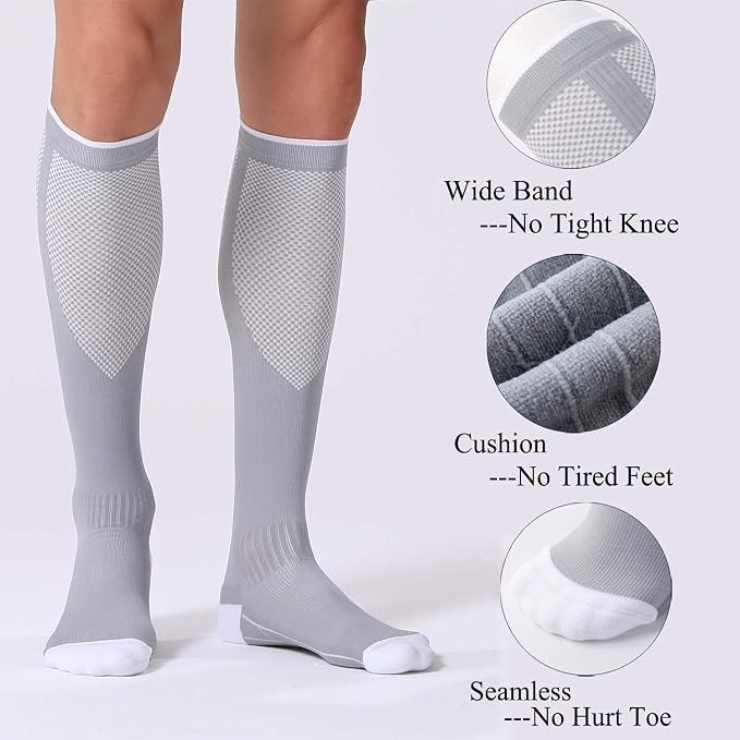 3 Pairs 20-30 mmHg Compression Socks Knee High Support Socks Unisex White