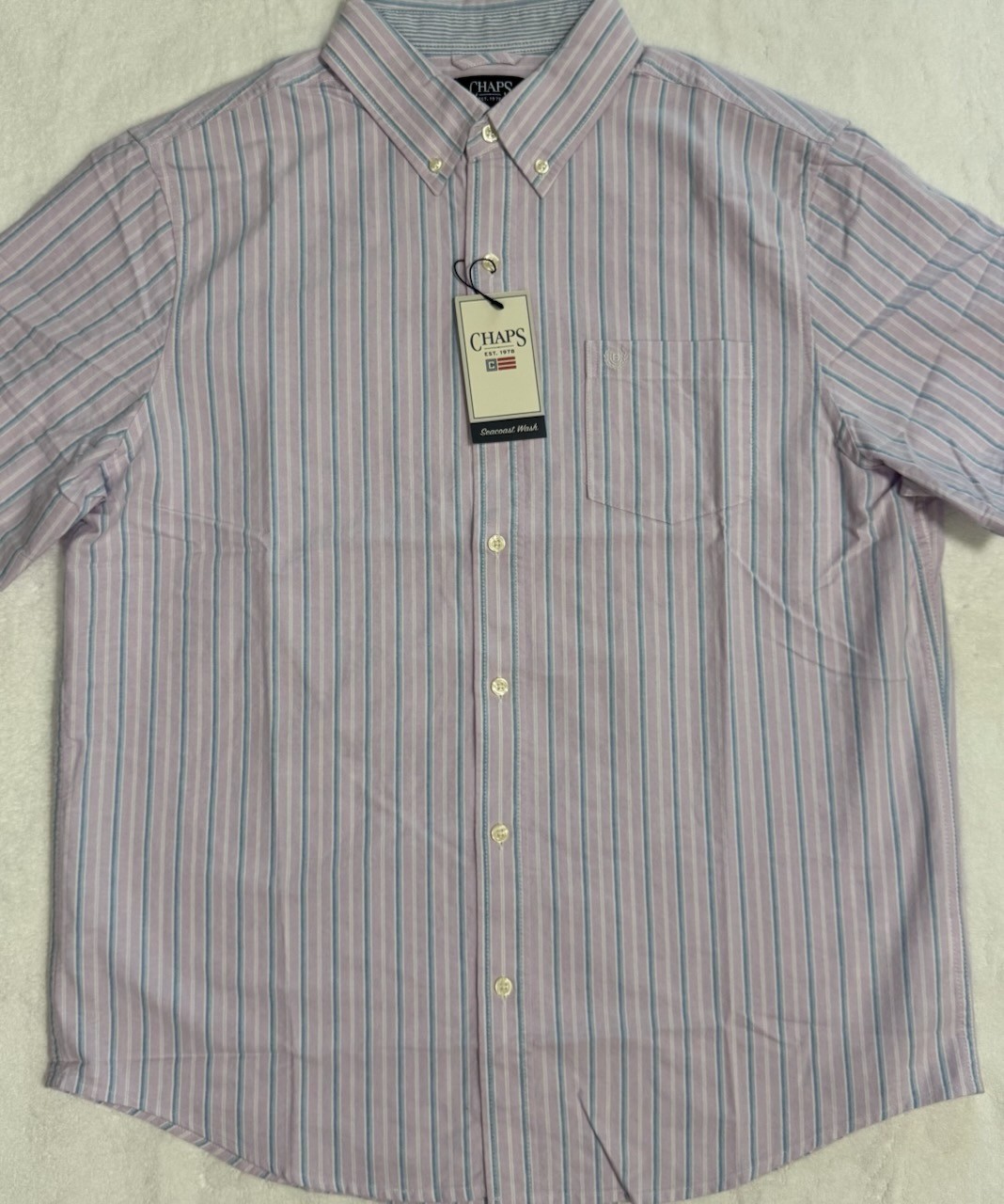 New Chaps Men’s Casual Short Sleeve Shirt Lavender Mist Stripe Size L $19.99