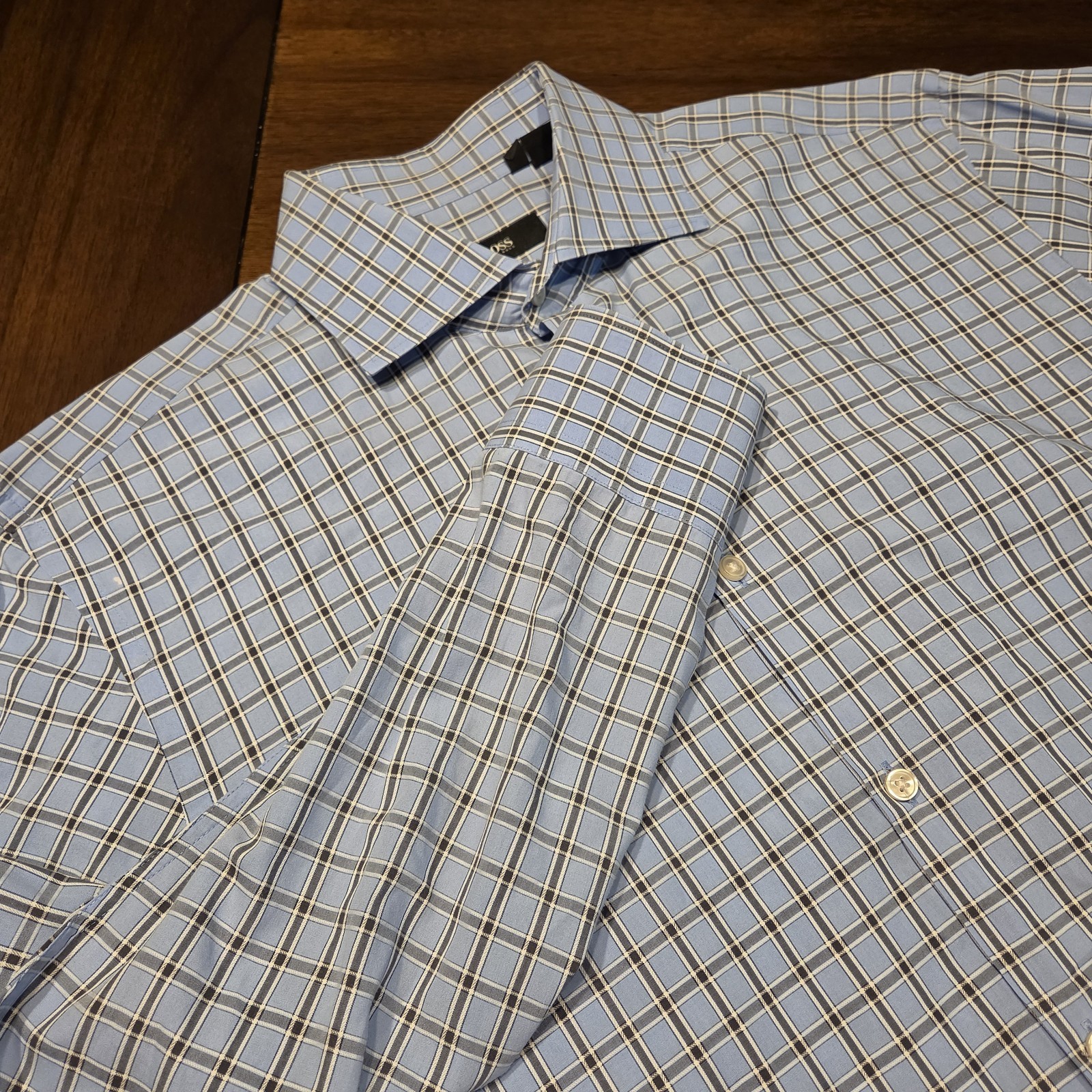 BOSS Hugo Boss Mens 16 32 33 Sharp Fit Blue Check Plaid Long Sleeve Dress Shirt