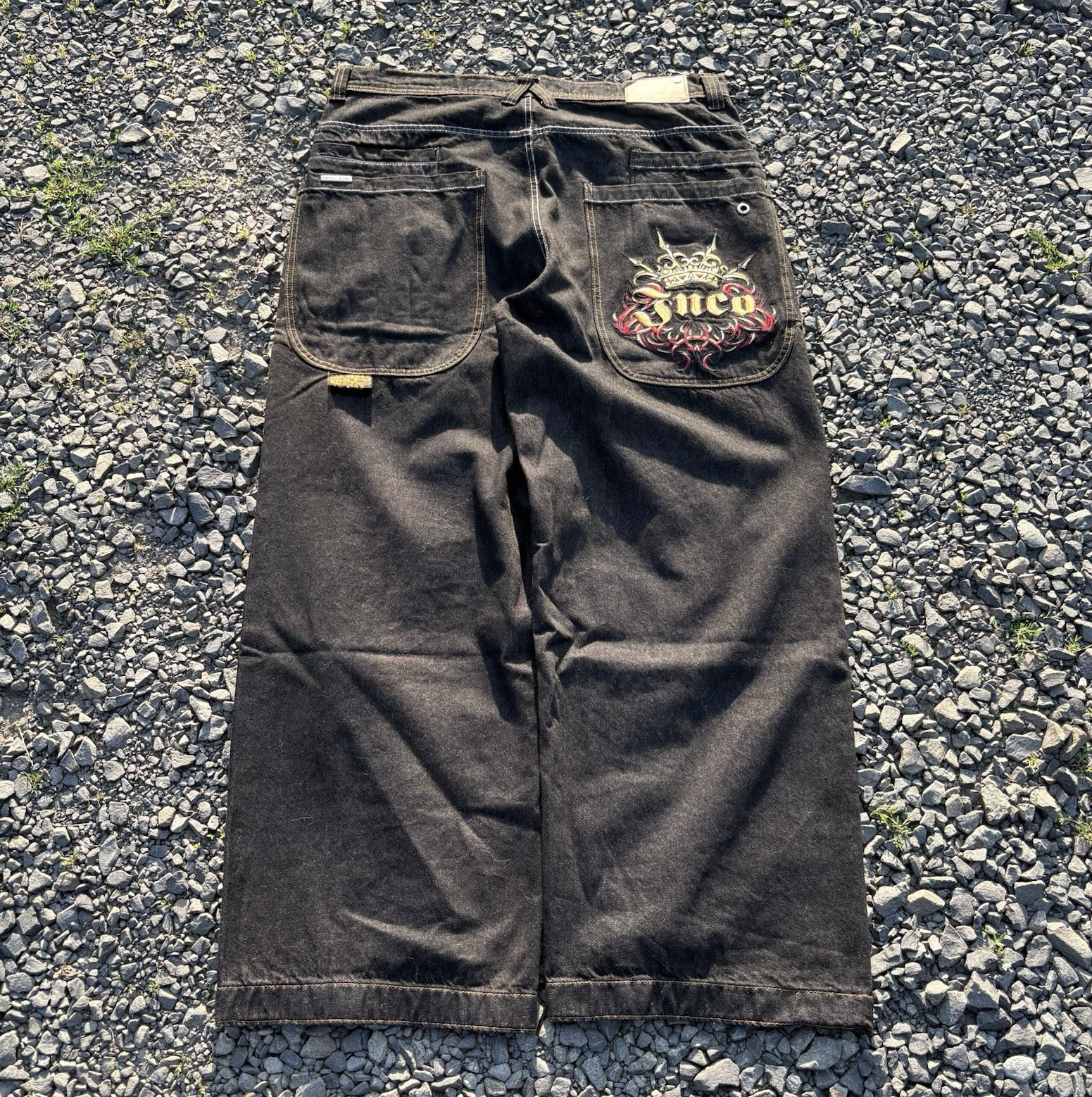 Jnco Jeans The Royal Crown Black Wide-Leg Denim Jeans Mid Rise Embroidered