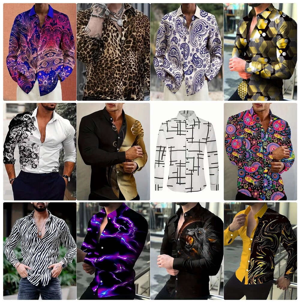 Button Up Shirt Mens Graphic Print Fashion Casual Party Long Sleeve Trendy Dress