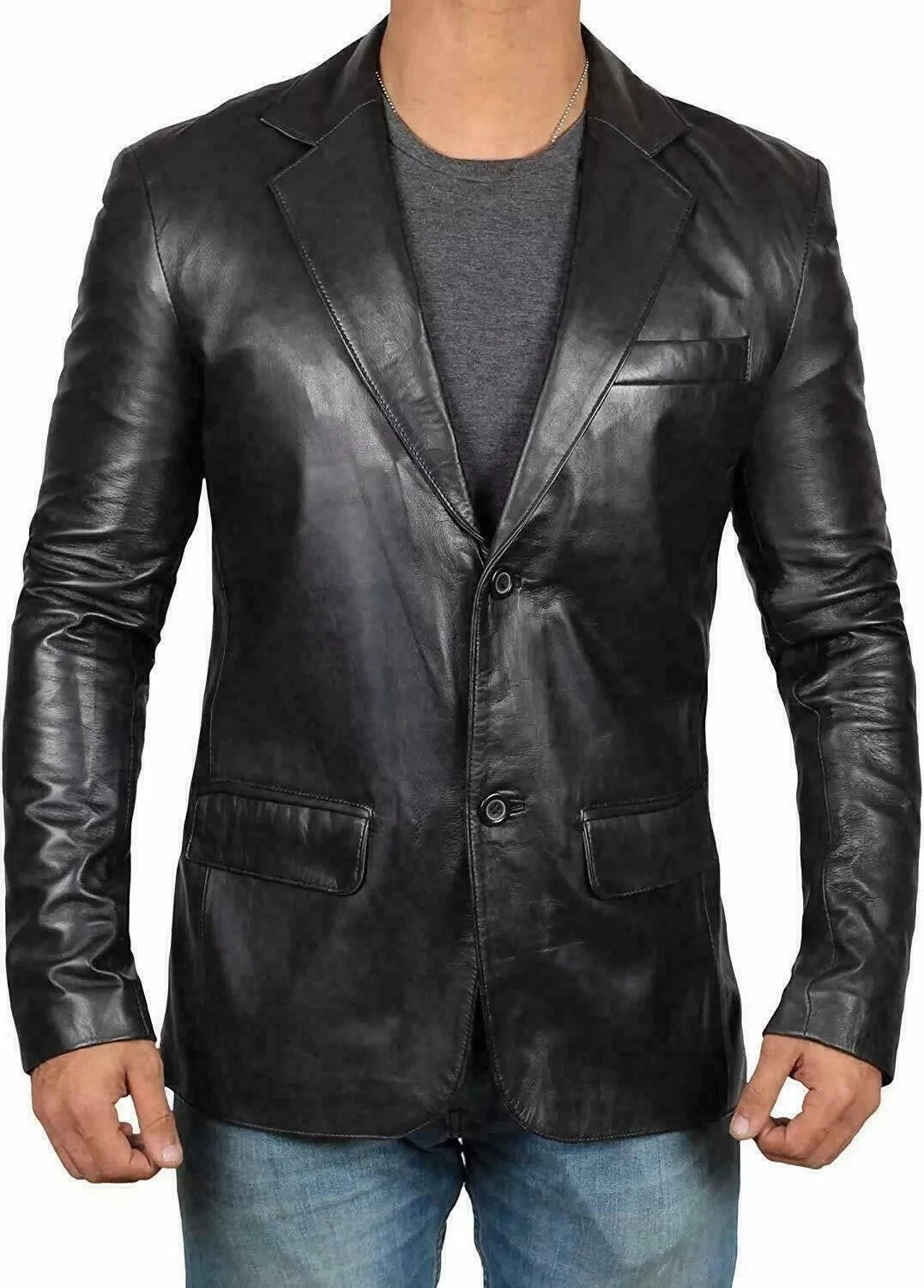 Men’s Genuine Lambskin Leather Blazer Black Casual Formal Button Handmade Coat
