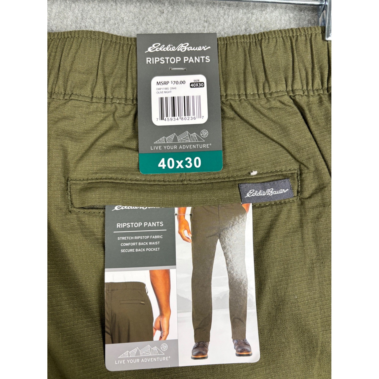 Eddie Bauer Ripstop Pants Stretch Comfort Waist 40×30 Olive Night Green Mens
