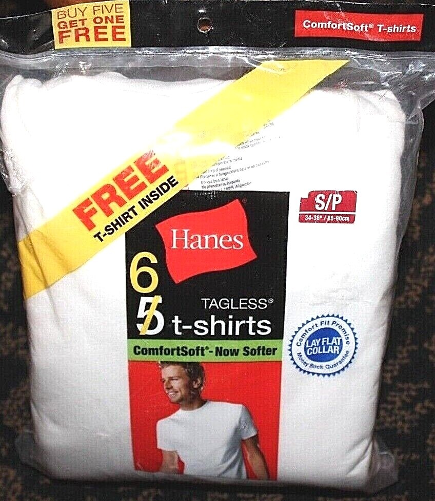 Hanes Men’s White 6-Pk Crew Neck Tagless T-Shirts Small (34-36″)