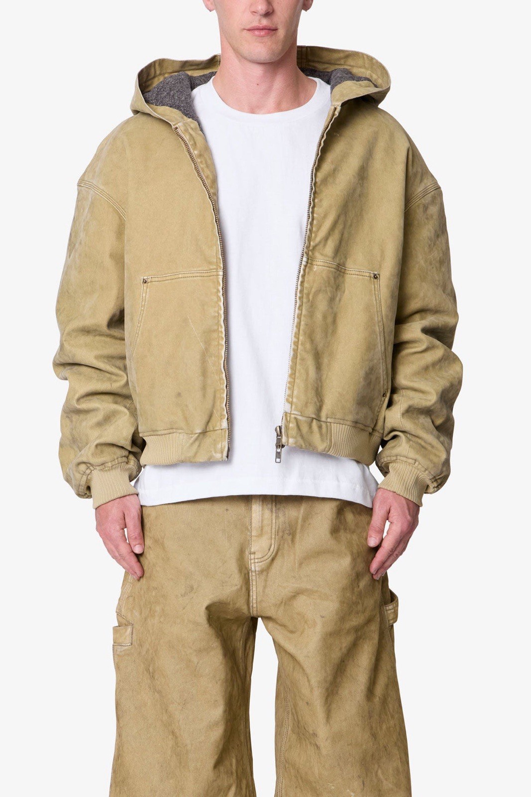 MNML FLOCKED HOODED ZIP UP WORK JACKET MENS SIZE 2XL TAN