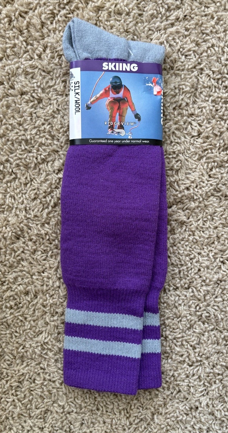 Vtg Ridgeview Silk Wool Blend Skiing Socks Purple Silver Size 8.5-11 USA NEW!