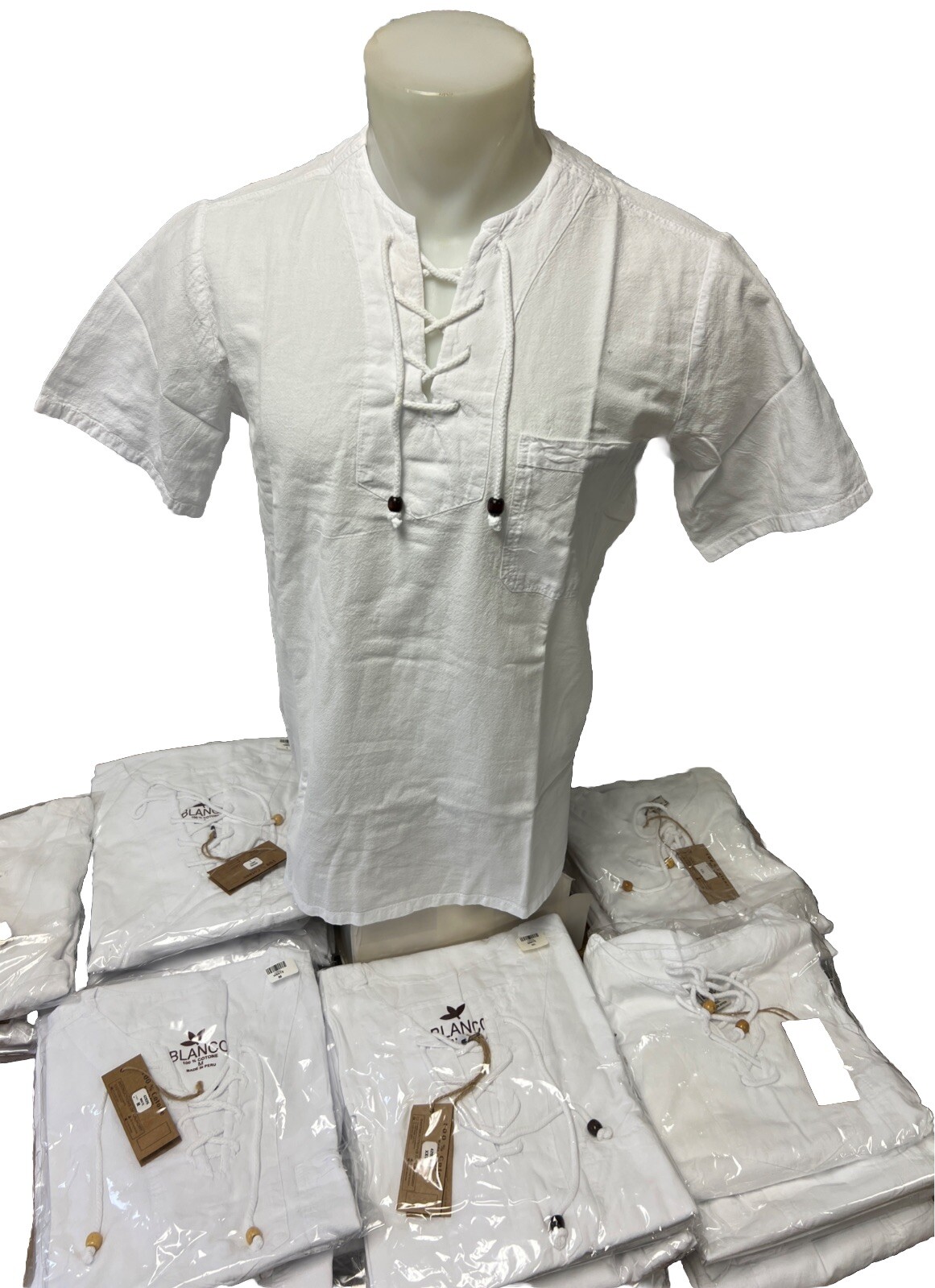 Men LACE UP POCKET SHORT SLEEVE BLANCO ENVY WHITE SHIRT BEACH 100% Cotton 42026