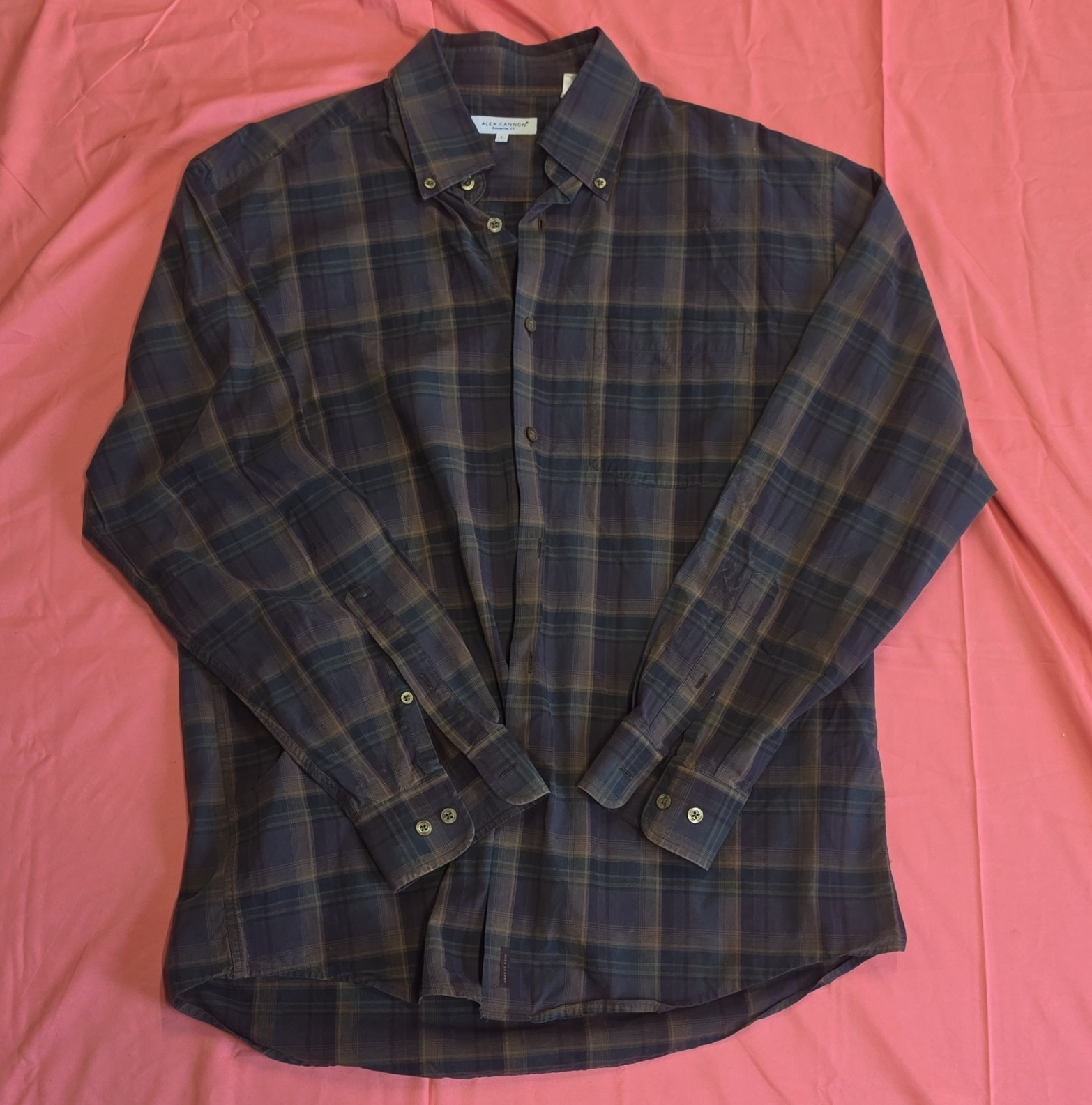 Alex Cannon Men’s L Blue Plaid Button-Down Collar Long Sleeve Button-Up Shirt