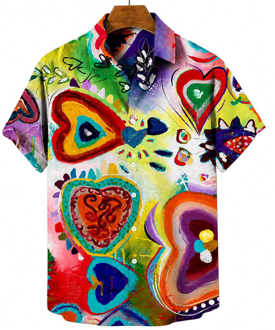 Men’s Colorful Abstract Heart Art Button Up Hawaiian Summer Shirt