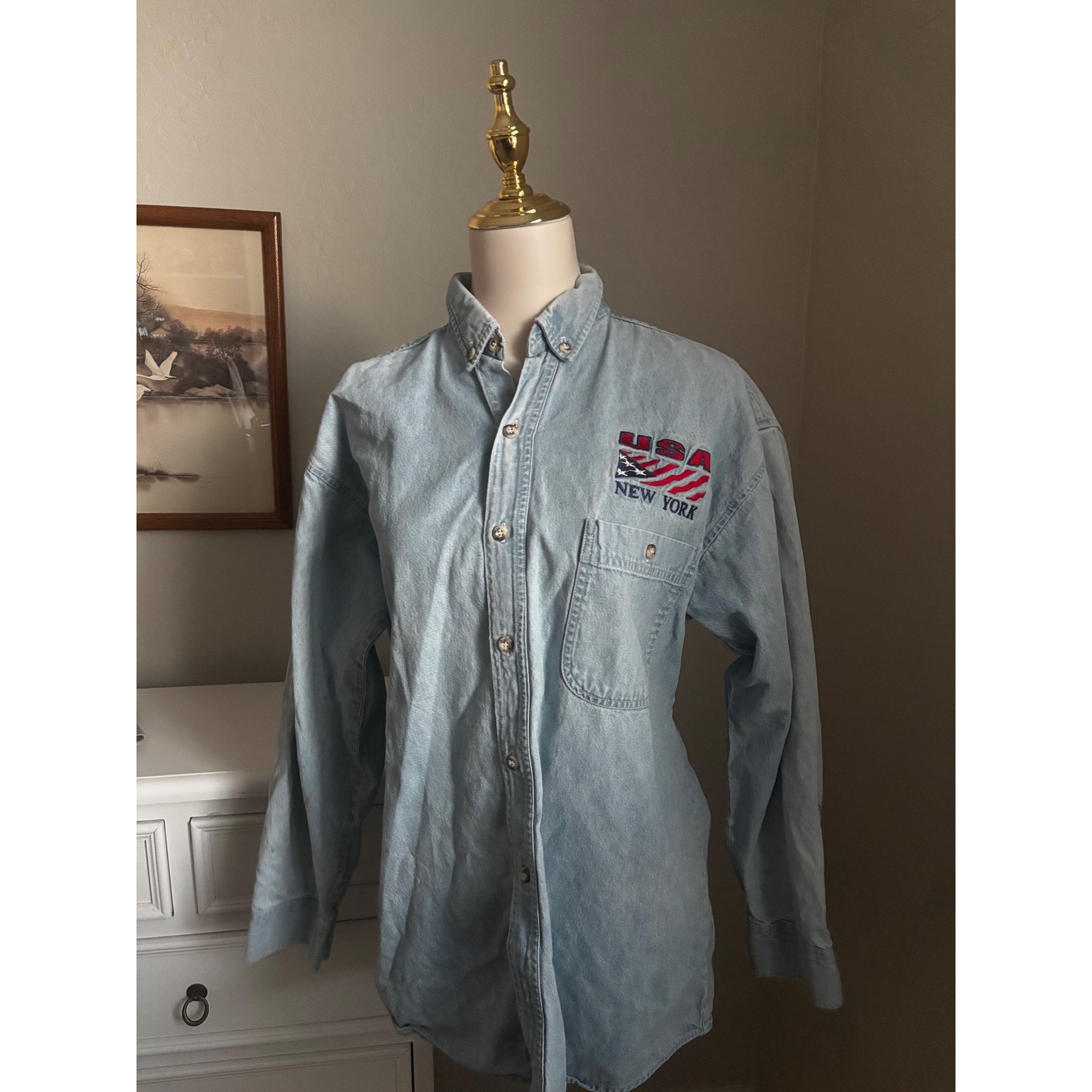 Vintage Dynasty Legends USA New York Denim Button Down Shirt Light Wash Large