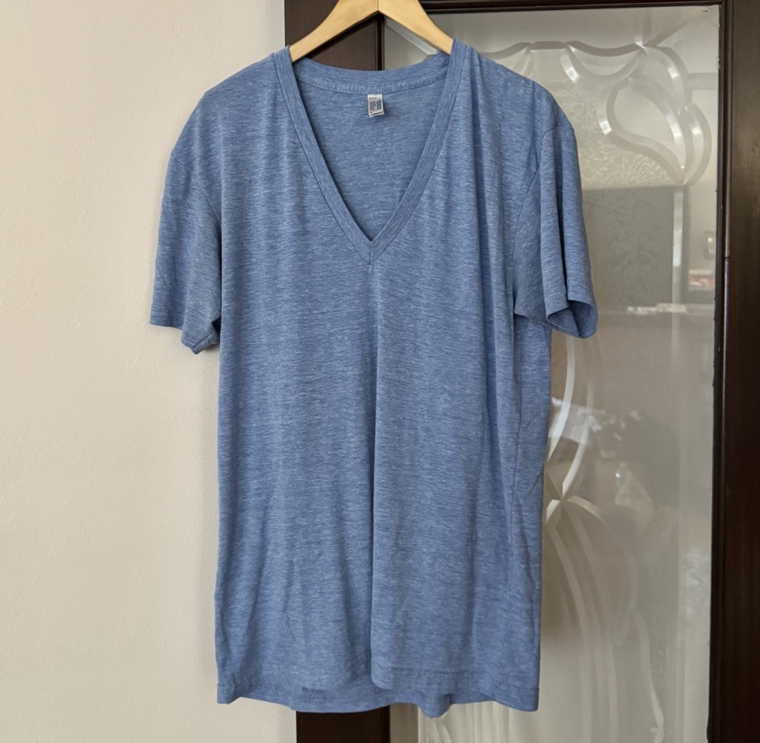 Vintage American Apparel Deep V Neck T Shirt Y2K XL Blue Tri Blend Track Tee