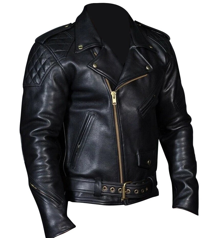 Men’s Real Leather Quilted Panels Bikers Jacket Cowhide Leather Biker Zip Coat