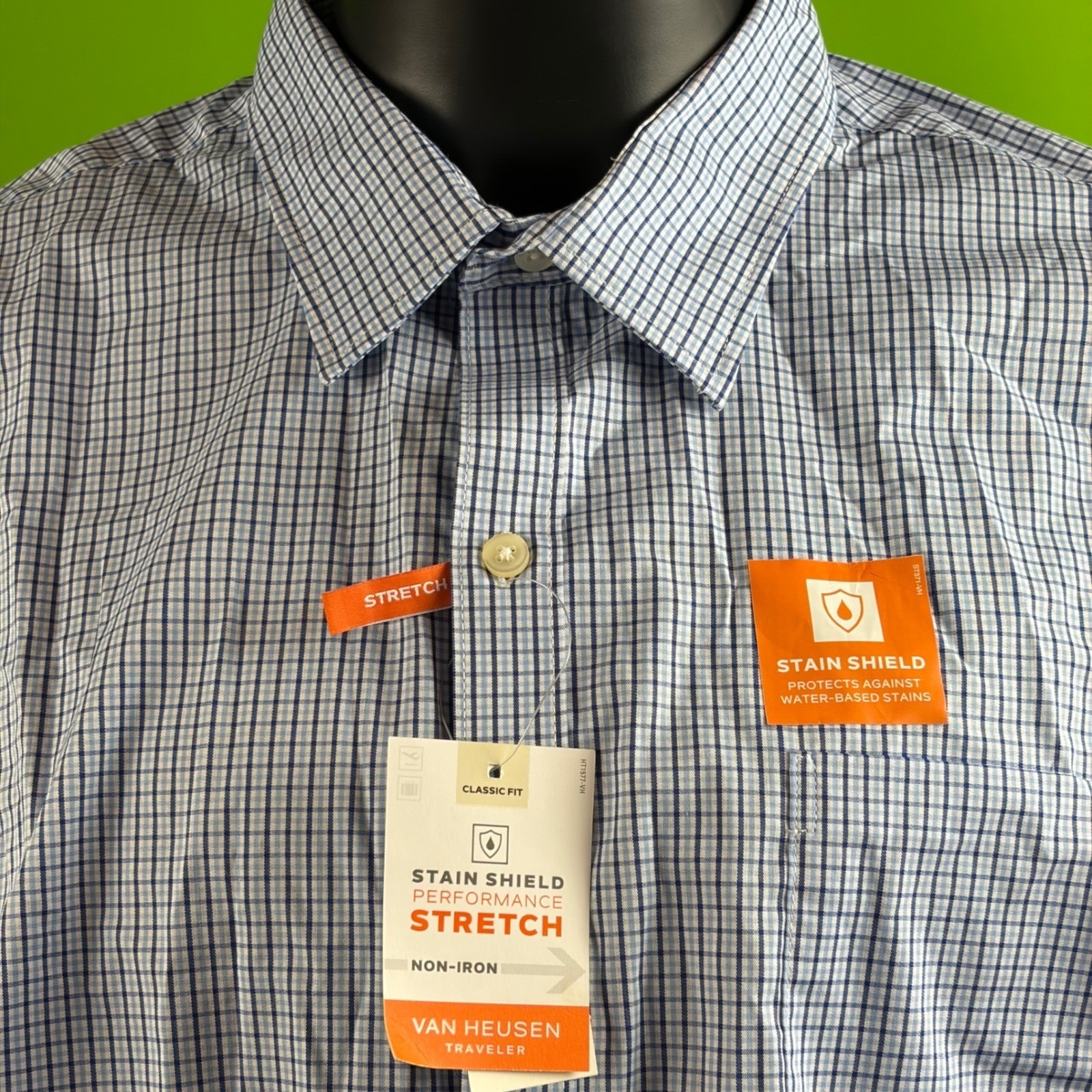 Van Heusen Traveler Mens XL Mazarine Blue Check Stretch Dress Shirt Non-Iron NWT