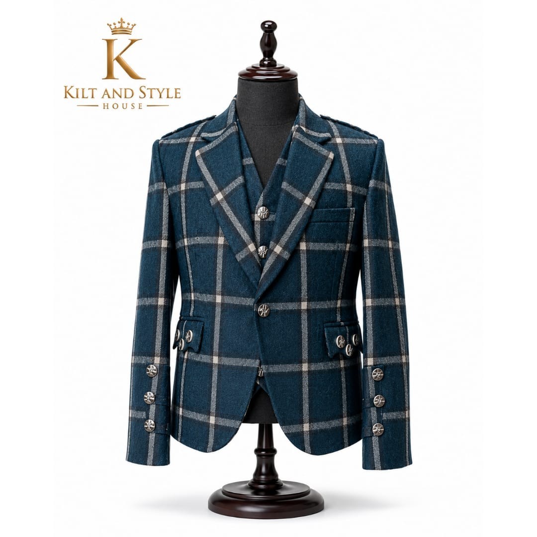 Blue Windowpane Wool Tweed Argyle Jacket & Vest | Men Women Kids