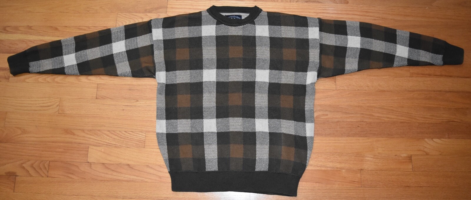 Woods & Gray Brown Plaid Knit Sweater Crewneck Check Aprés Ski Cotton Mens M