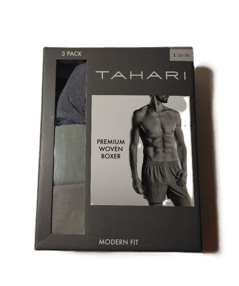 Tahari Men’s Gray, Green, Blue, Premium Woven Boxer 3 Pack, Sz L – 36-38
