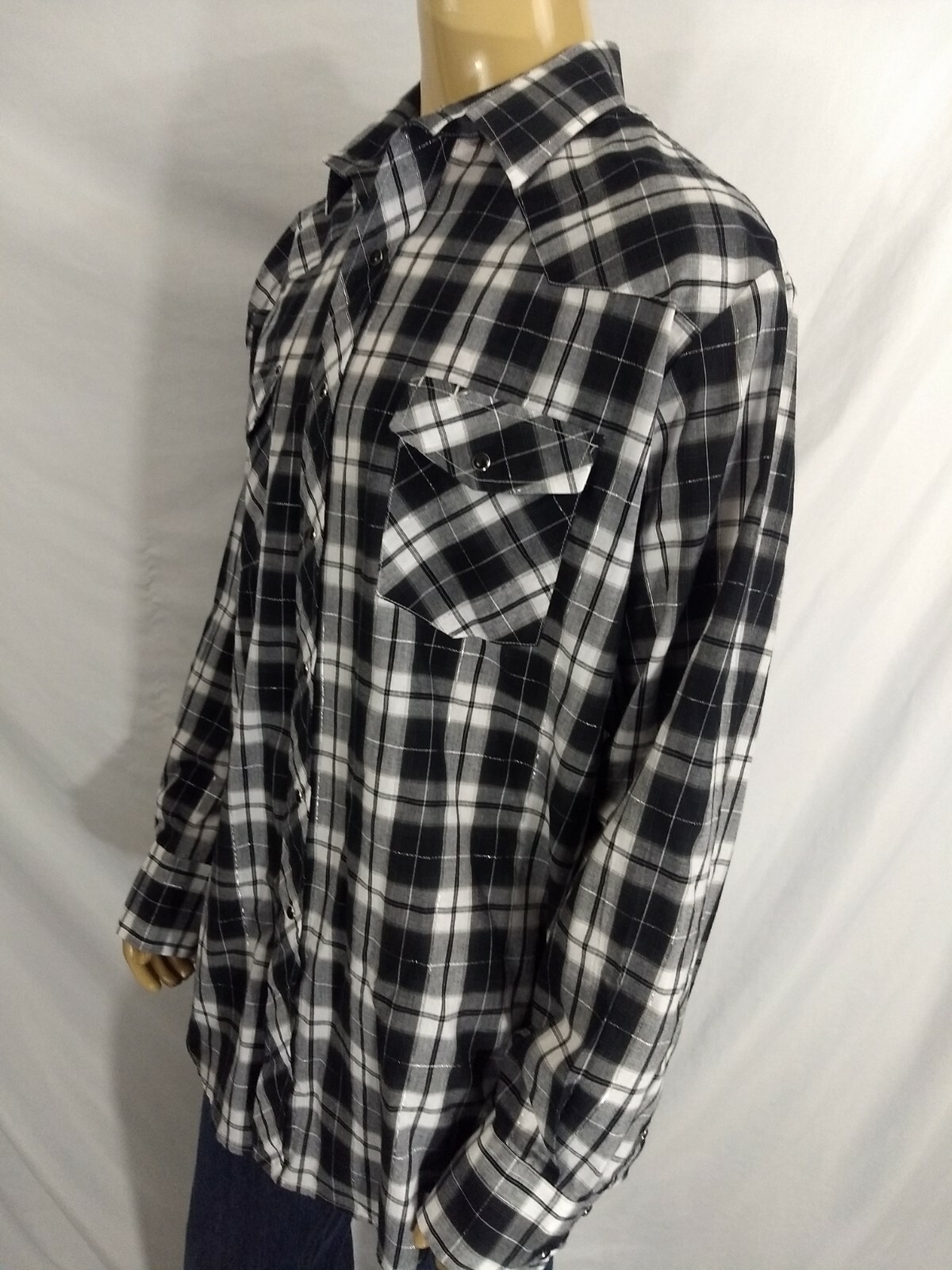 ROPER Western Snap Button Casual LS Shirt Men XL Black White Silver Check Cowboy