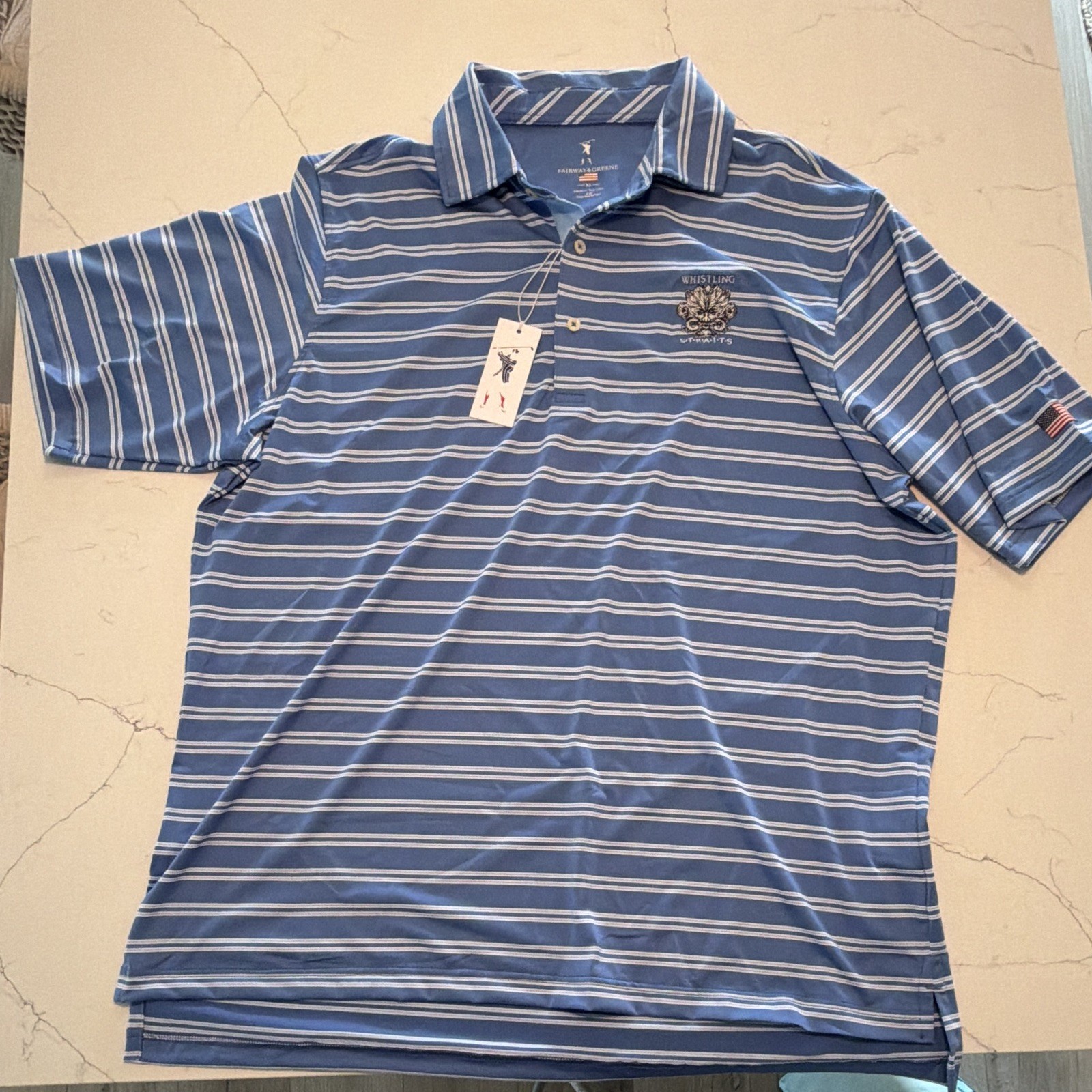 Fairway & Greene Men’s XL Blue/White Striped Golf Polo Whistling Straits Logo