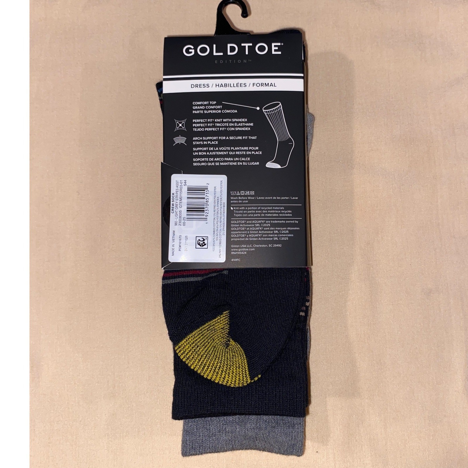 3 Pairs Gold Toe Mens Grey Black Striped Dress Crew Socks Aquafx Size 6-12.5 NEW