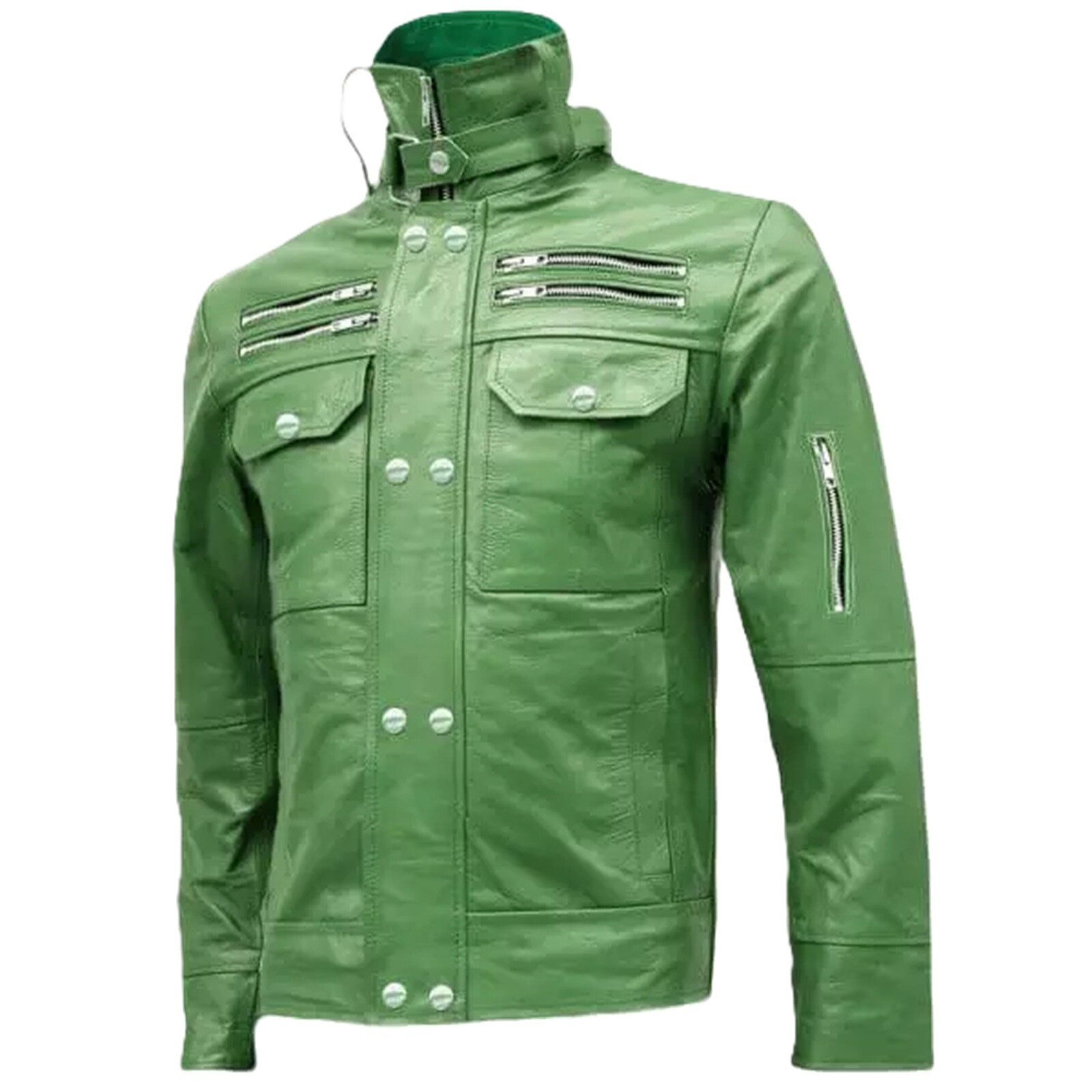 Men’s Green 100% Genuine Lambskin Leather High Neck Collar Stylish Biker Jacket