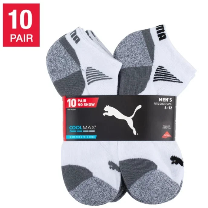 PUMA Men’s No Show Sock, 10-pair, White/Gray/Blue, Fits Shoe Size 6-12