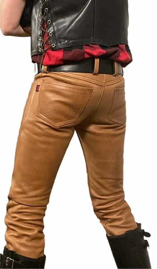 Men’s brown Genuine Leather Gay BLUF Style Jeans Motorbike ,Cowboy Pant Western